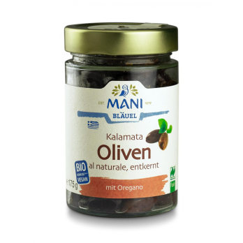 Oliven aus Kalamata schwarz ohne Stein / trocken mit Oregano